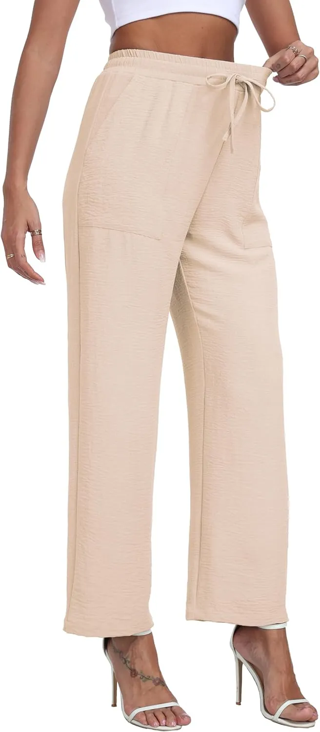 LIGHTBACK Women's Wide Leg Palazzo Pants with Pockets Loose Casual Lounge Pants Comfy Drawstring Work Trousers