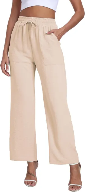 LIGHTBACK Women's Wide Leg Palazzo Pants with Pockets Loose Casual Lounge Pants Comfy Drawstring Work Trousers