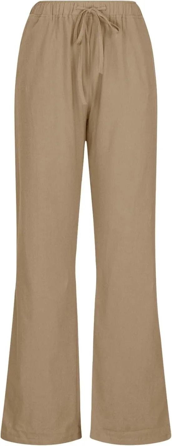 Linen Pants for Women Summer Drawstring Pockets Wide Leg Loose Casual Cotton Linen Palazzo Pants Clothes Casual