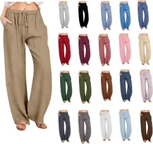 Linen Pants for Women Summer Drawstring Pockets Wide Leg Loose Casual Cotton Linen Palazzo Pants Clothes Casual