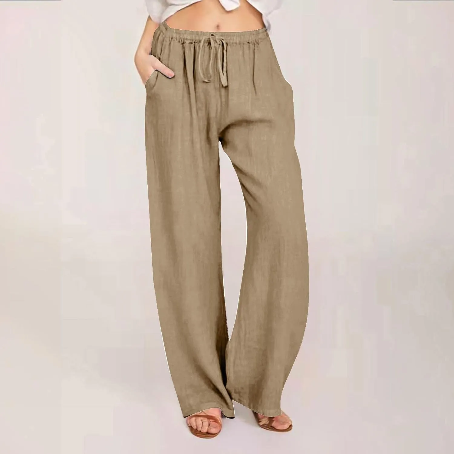 Linen Pants for Women Summer Drawstring Pockets Wide Leg Loose Casual Cotton Linen Palazzo Pants Clothes Casual