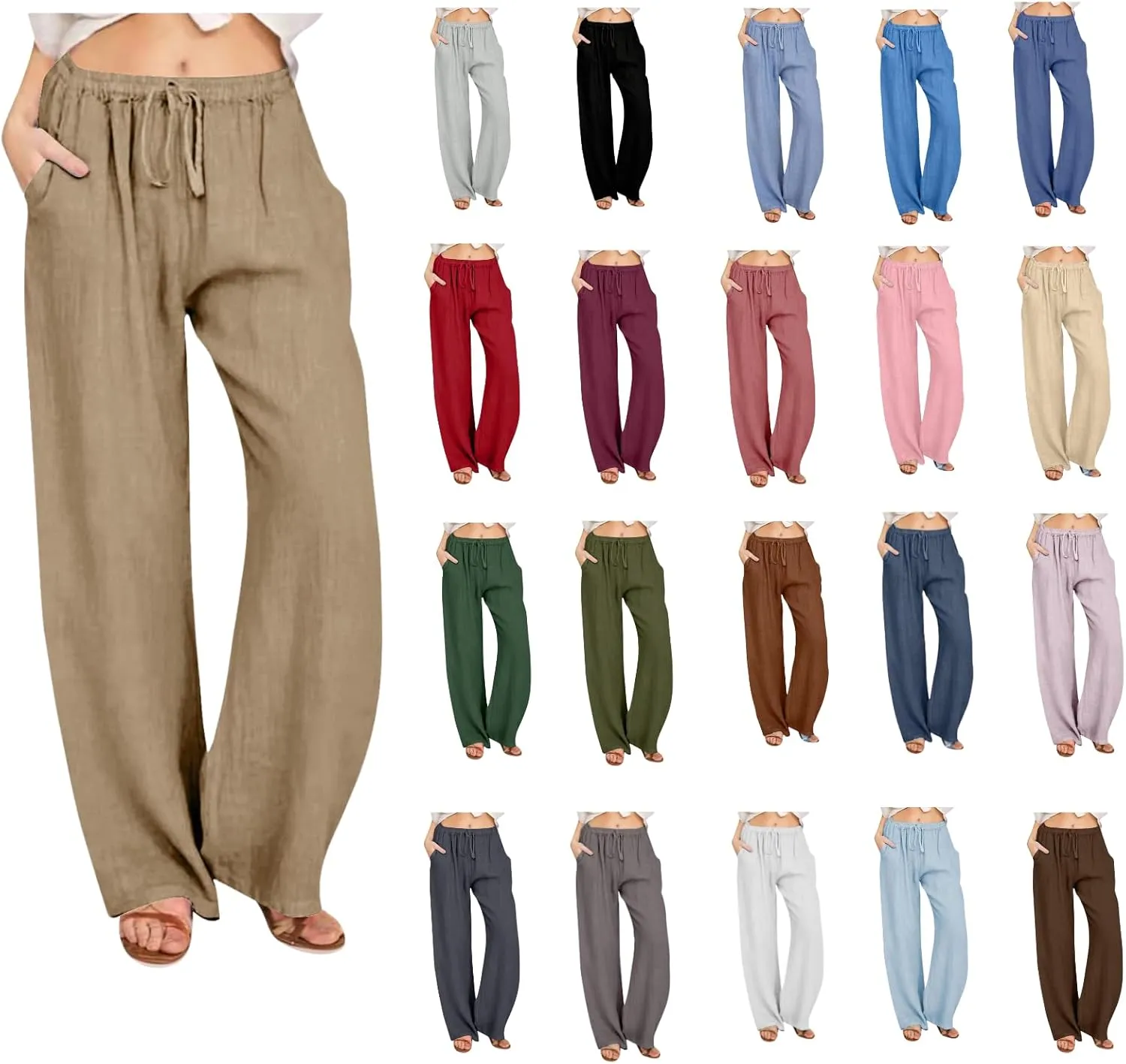 Linen Pants for Women Summer Drawstring Pockets Wide Leg Loose Casual Cotton Linen Palazzo Pants Clothes Casual