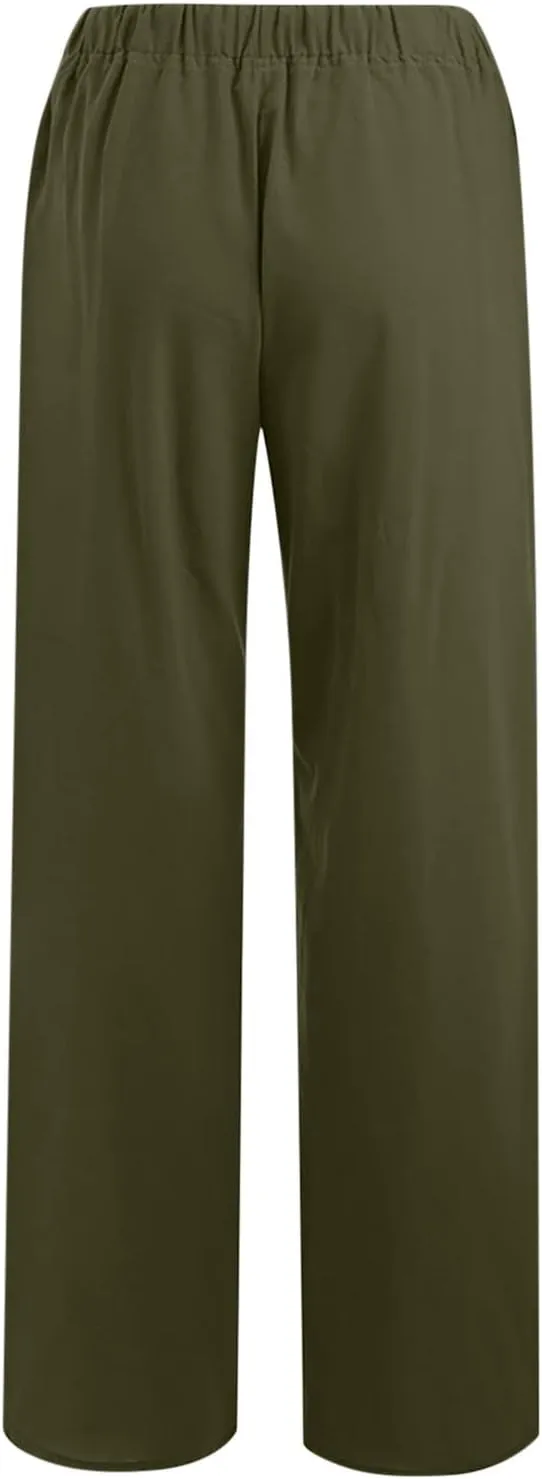 Linen Pants Women 2025 Summer Drawstring High Waist Wide Leg Trousers with Pockets Flowy Straight Vacation Outfits