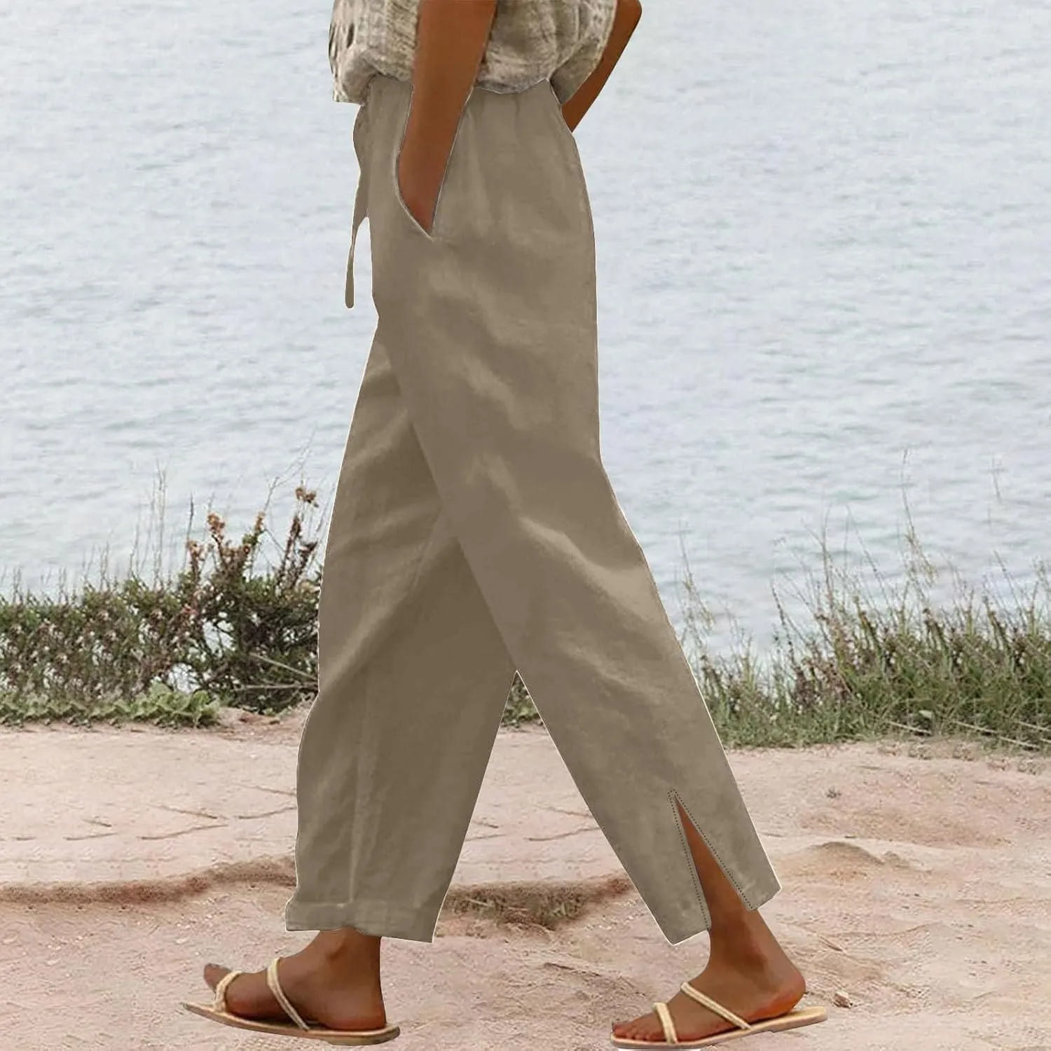 Linen Pants Women Lightweight 2025 Elastic Waist Split Hem Bootcut Pant Loose Fit Solid Color Trousers with Pockets