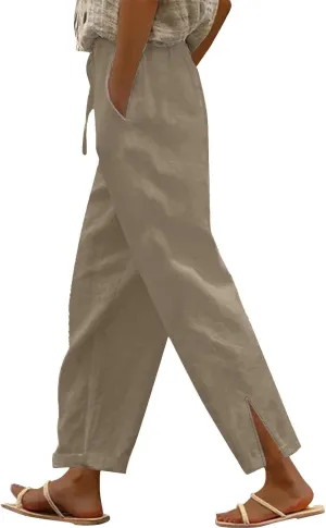 Linen Pants Women Lightweight 2025 Elastic Waist Split Hem Bootcut Pant Loose Fit Solid Color Trousers with Pockets