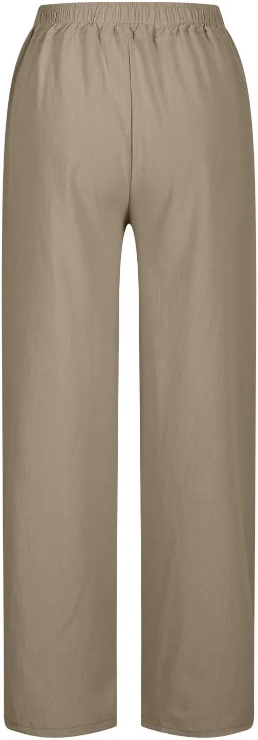 Linen Pants Women Lightweight 2025 Elastic Waist Split Hem Bootcut Pant Loose Fit Solid Color Trousers with Pockets