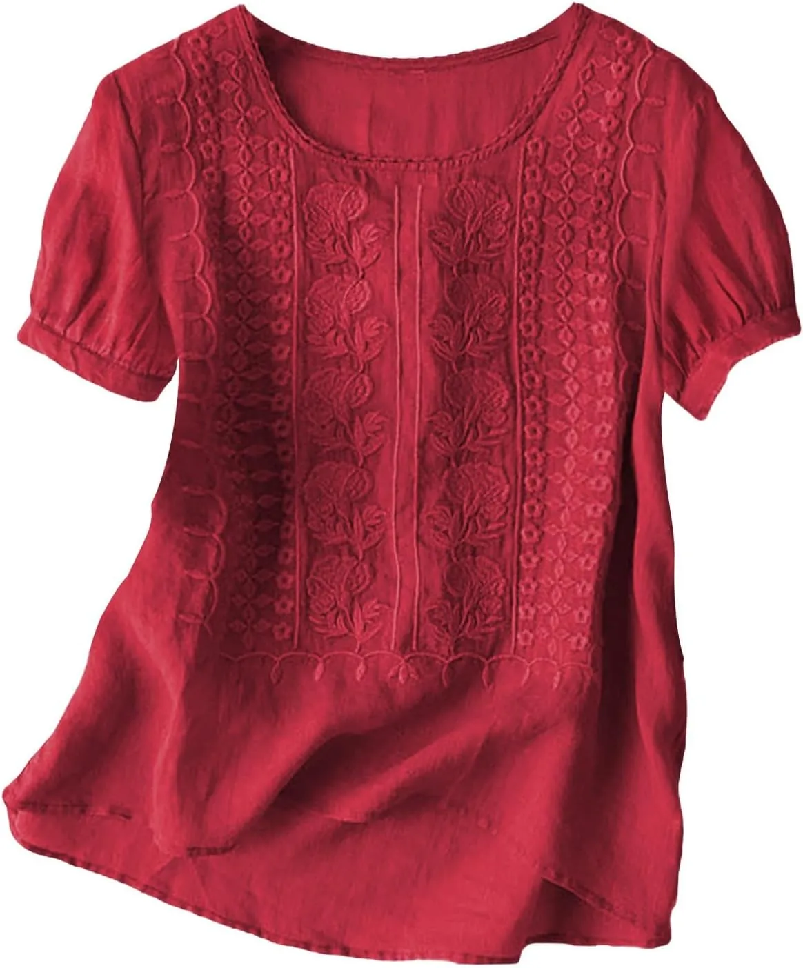 Linen Shirts for Women 2025 Summer Embroidered Peasant Bohemian Tops Loose Cotton Gauze Short Sleeve Tunic Blouses