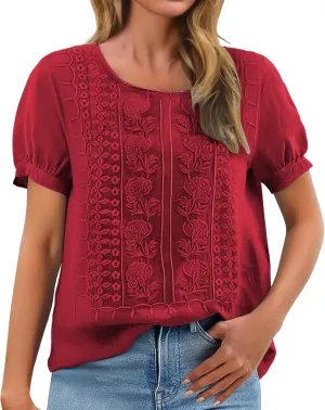 Linen Shirts for Women 2025 Summer Embroidered Peasant Bohemian Tops Loose Cotton Gauze Short Sleeve Tunic Blouses