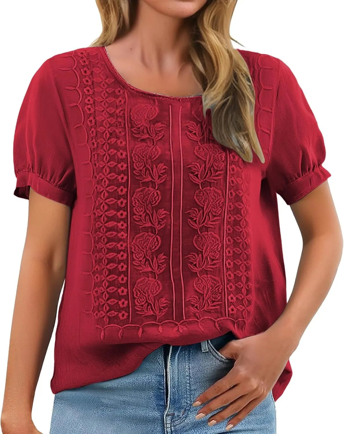 Linen Shirts for Women 2025 Summer Embroidered Peasant Bohemian Tops Loose Cotton Gauze Short Sleeve Tunic Blouses
