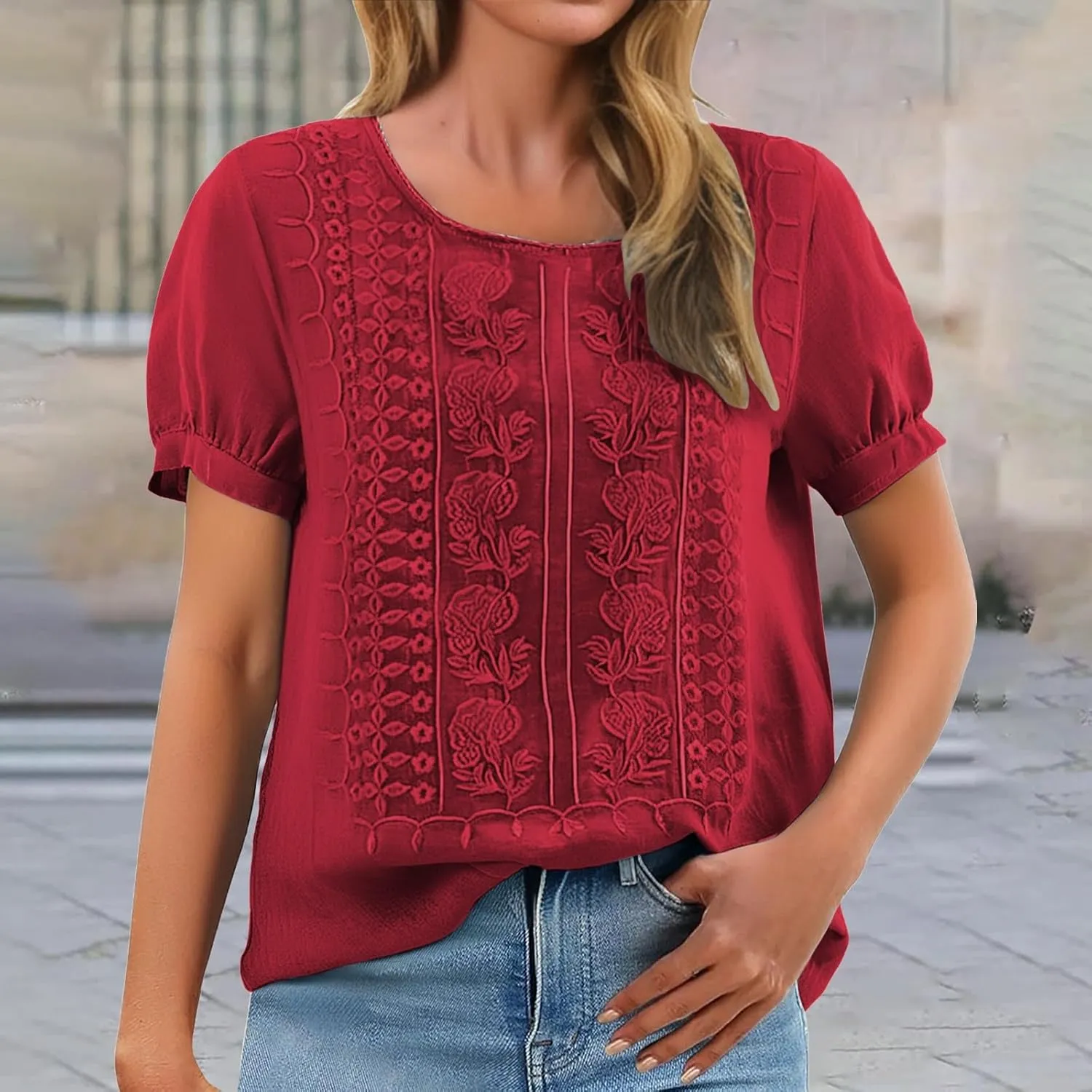 Linen Shirts for Women 2025 Summer Embroidered Peasant Bohemian Tops Loose Cotton Gauze Short Sleeve Tunic Blouses