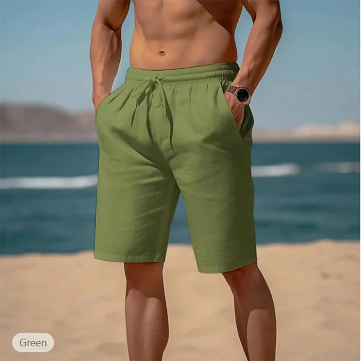 Linen Shorts for Men Elastic Waisted Drawstring Summer Shorts Lightweight Relaxed Fit Beach Short Pants with Pockets