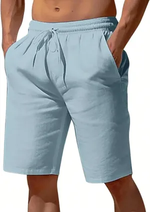 Linen Shorts for Men Elastic Waisted Drawstring Summer Shorts Lightweight Relaxed Fit Beach Short Pants with Pockets