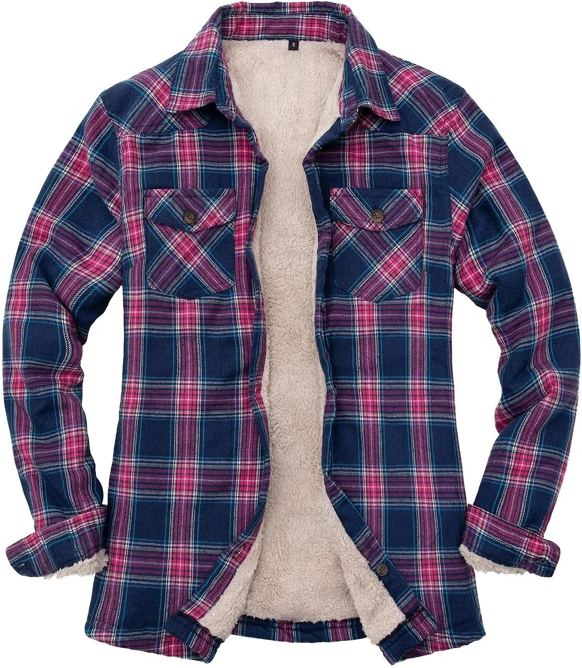 Lisskolo Women's Sherpa Flannel Jacket with Hand Pockets,Warm Fleece Lined Button Up Plaid Flannel Shirt Jackets