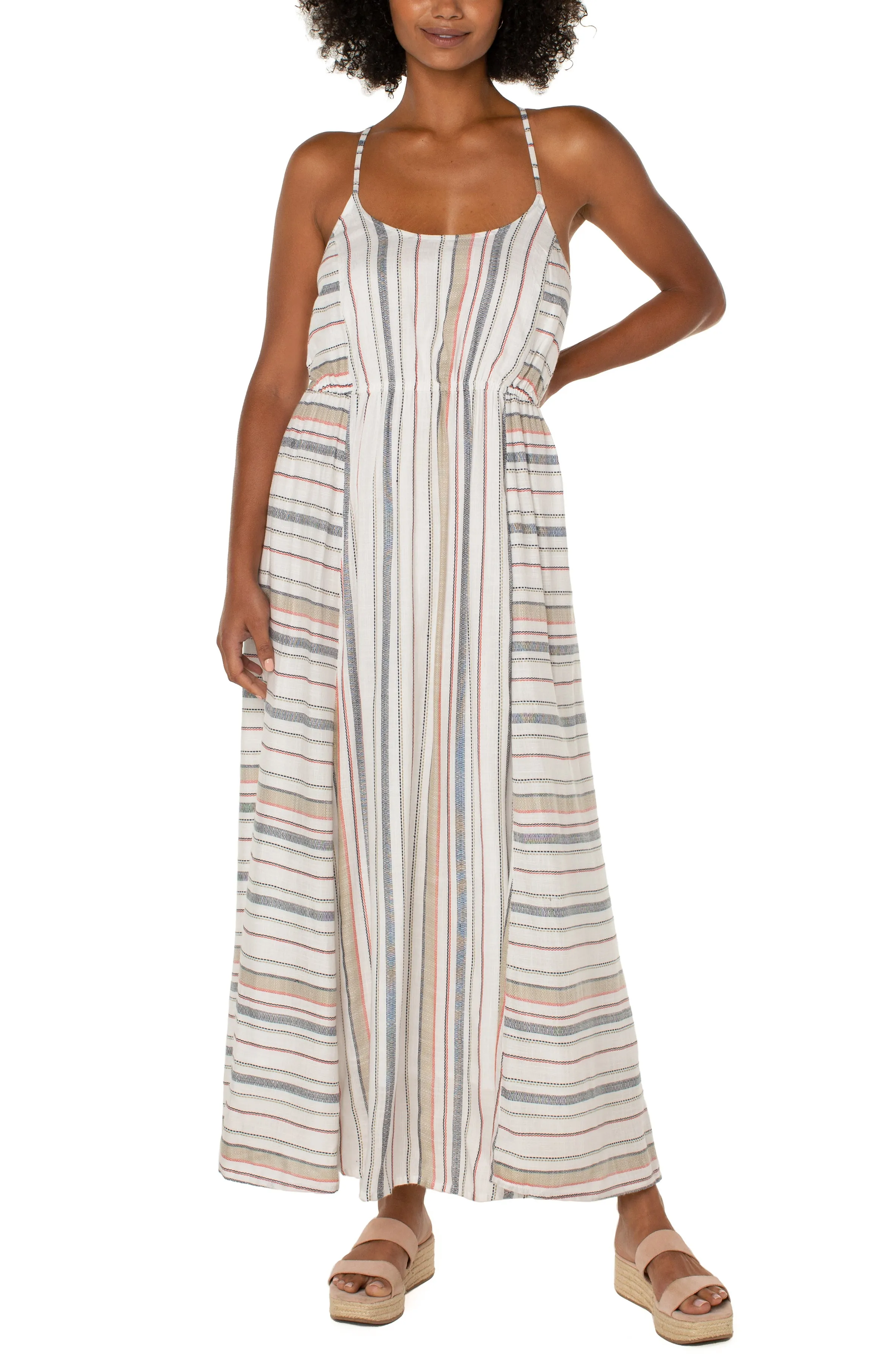 Liverpool Maxi Dress With Back Smocking Detail In Stripe Cross Back