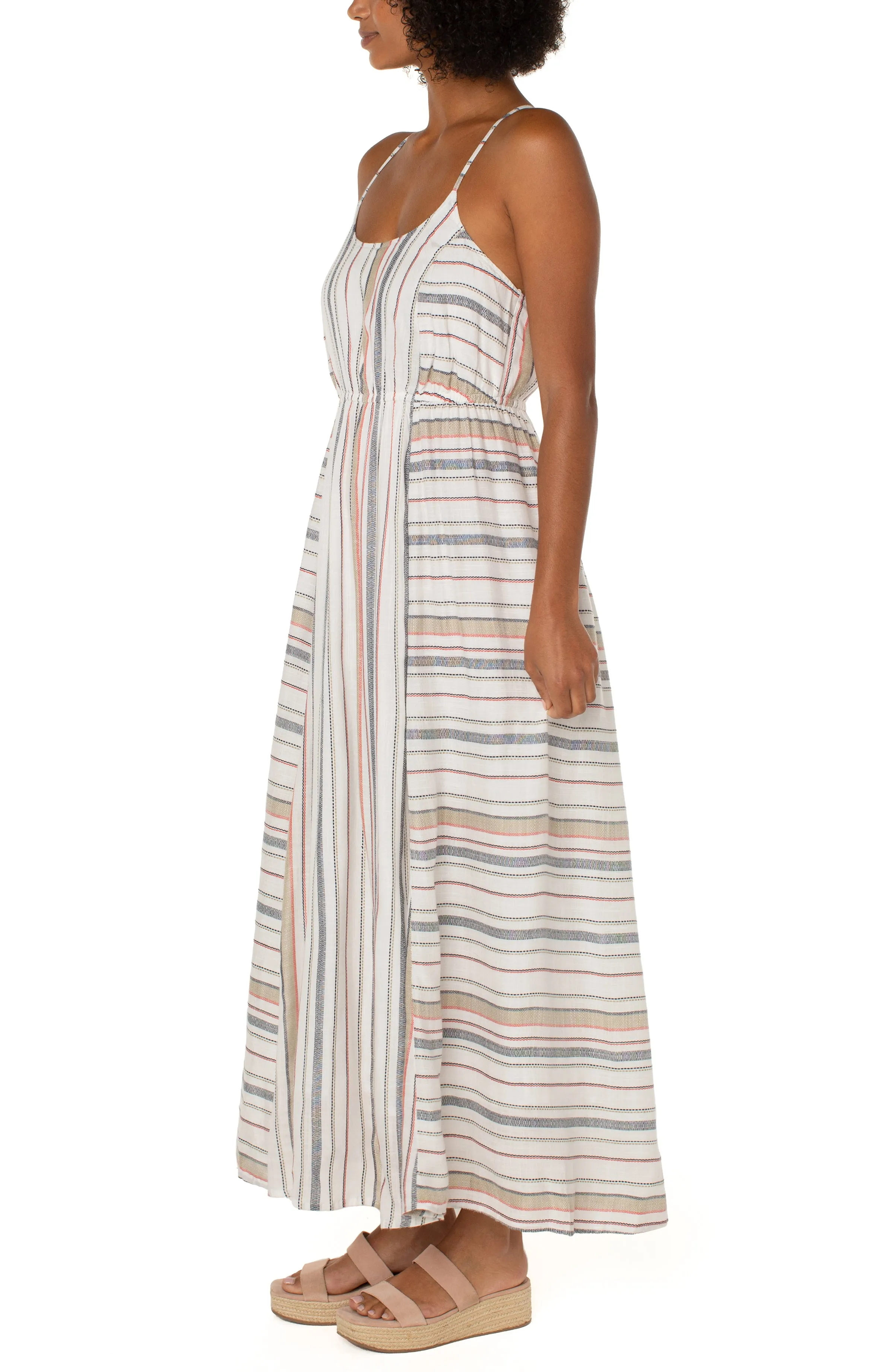 Liverpool Maxi Dress With Back Smocking Detail In Stripe Cross Back