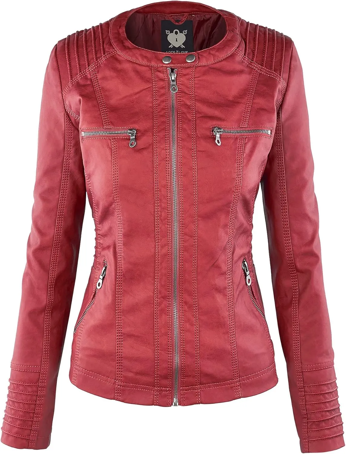 Lock and Love Women's Faux Leather Moto Biker Jacket Coat with Removable or Non-Removable Hood