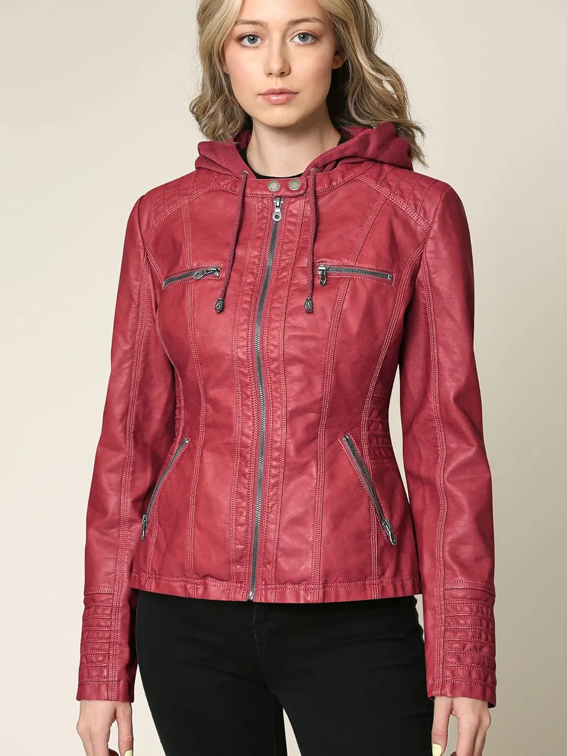 Lock and Love Women's Faux Leather Moto Biker Jacket Coat with Removable or Non-Removable Hood