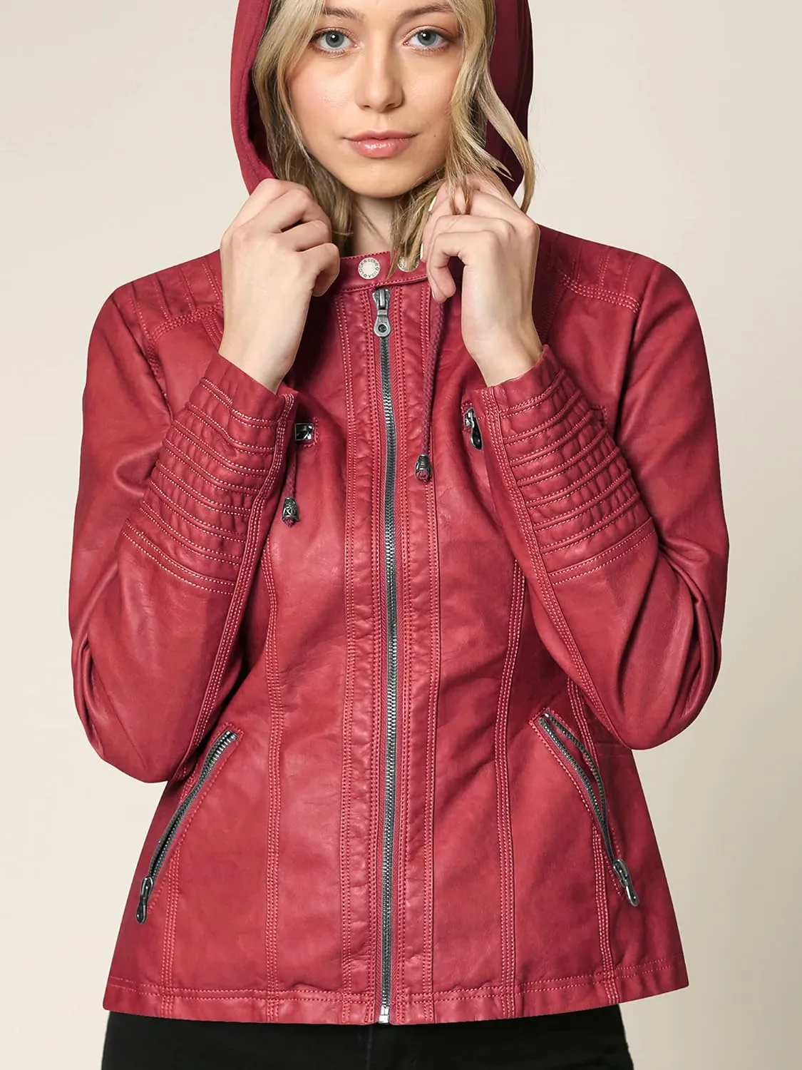 Lock and Love Women's Faux Leather Moto Biker Jacket Coat with Removable or Non-Removable Hood