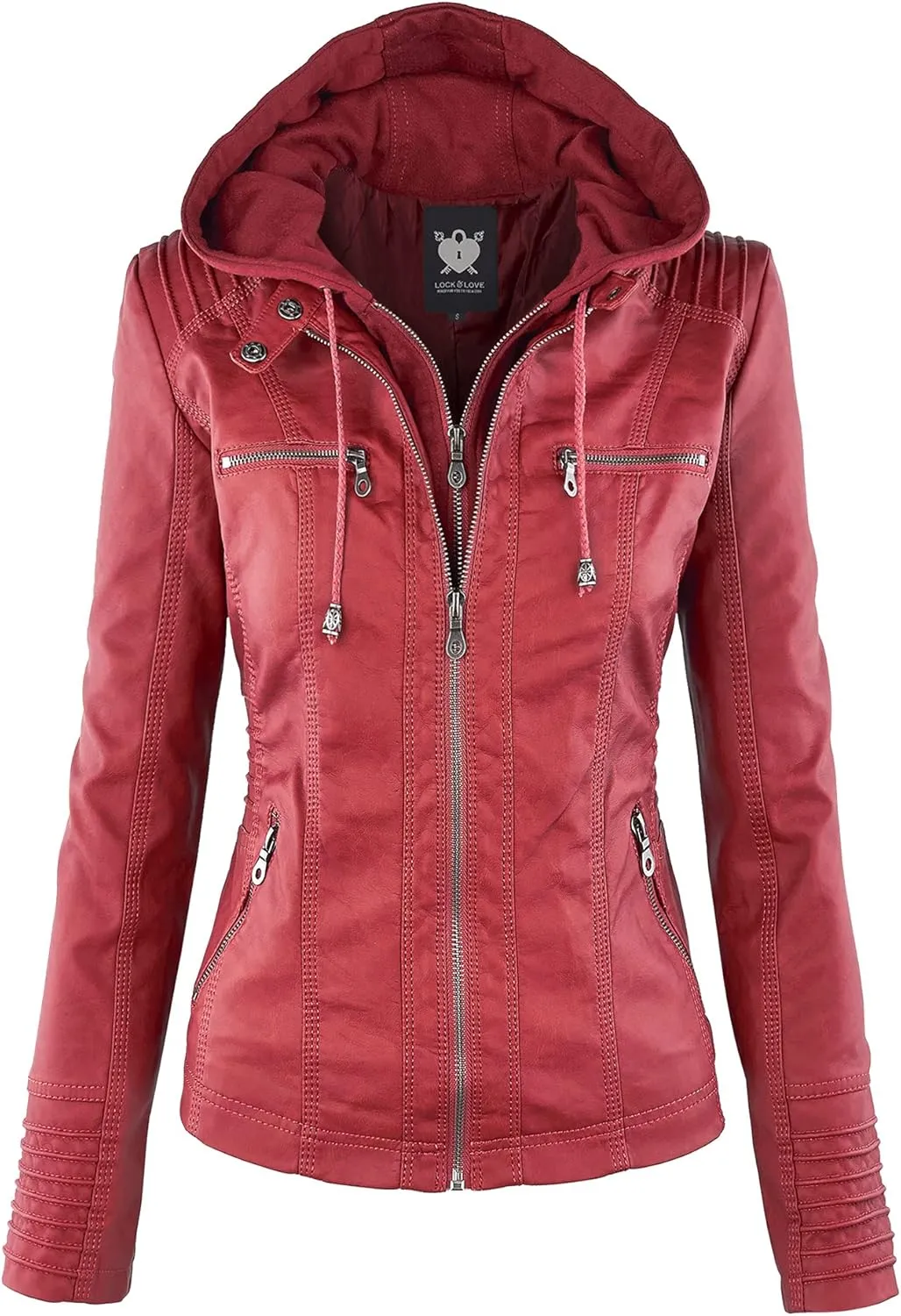 Lock and Love Women's Faux Leather Moto Biker Jacket Coat with Removable or Non-Removable Hood