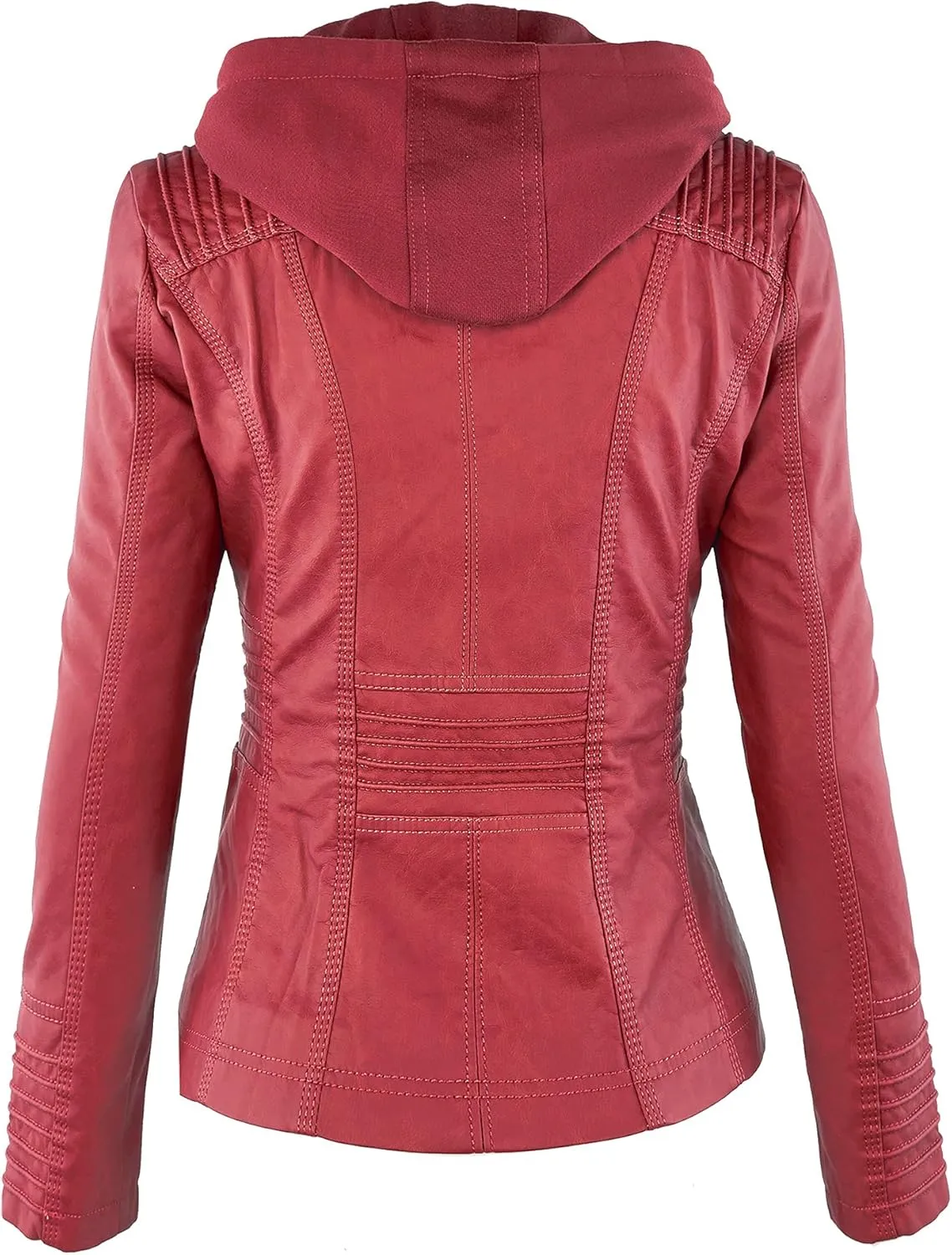 Lock and Love Women's Faux Leather Moto Biker Jacket Coat with Removable or Non-Removable Hood