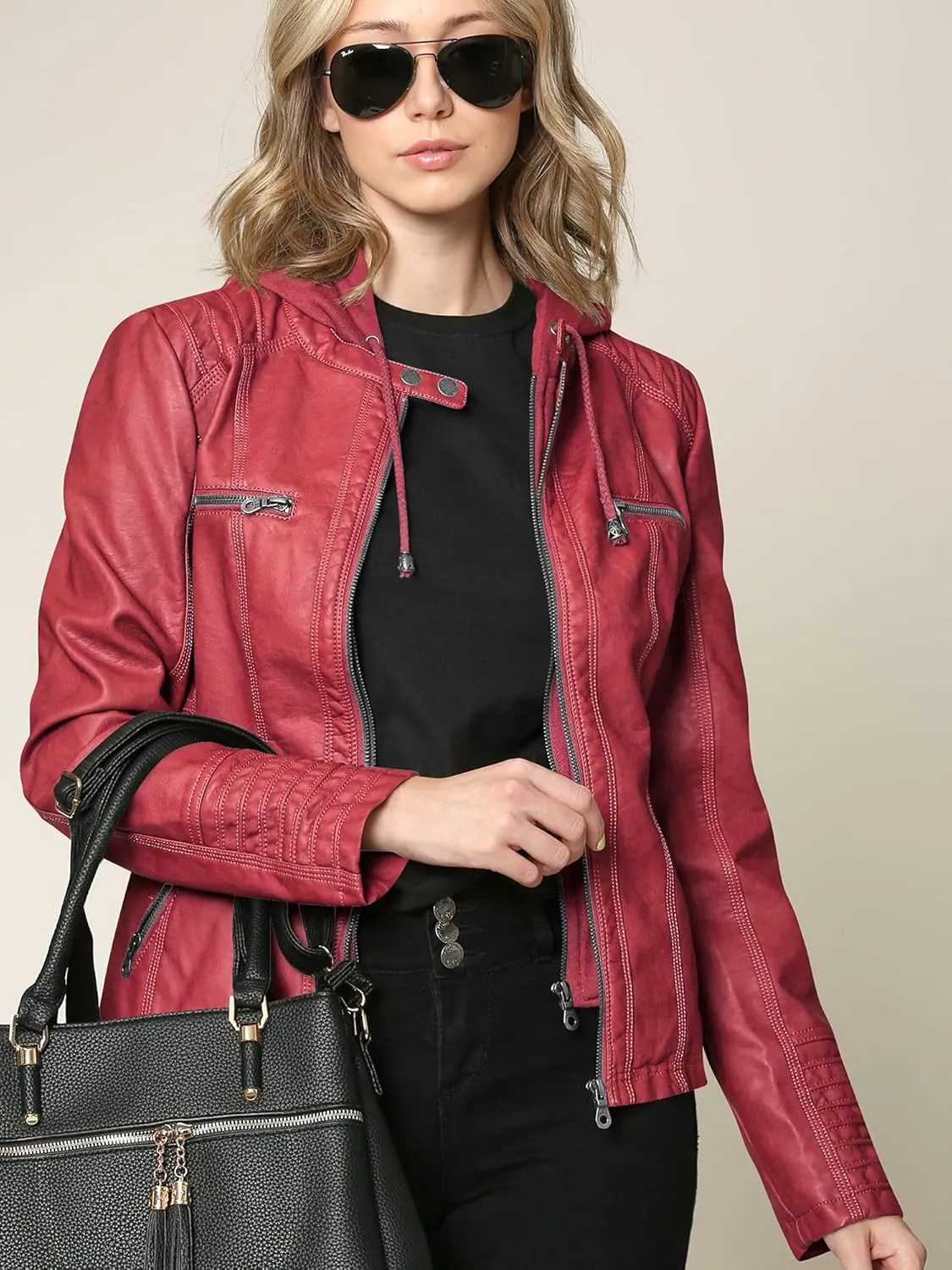 Lock and Love Women's Faux Leather Moto Biker Jacket Coat with Removable or Non-Removable Hood