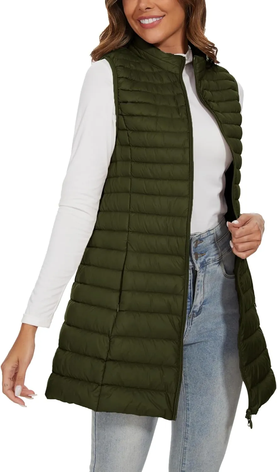 Long Puffer Vest for Women Winter Lightweight Down Vest Black Womens Vests Outerwear Sleeveless Jacket with Pockets