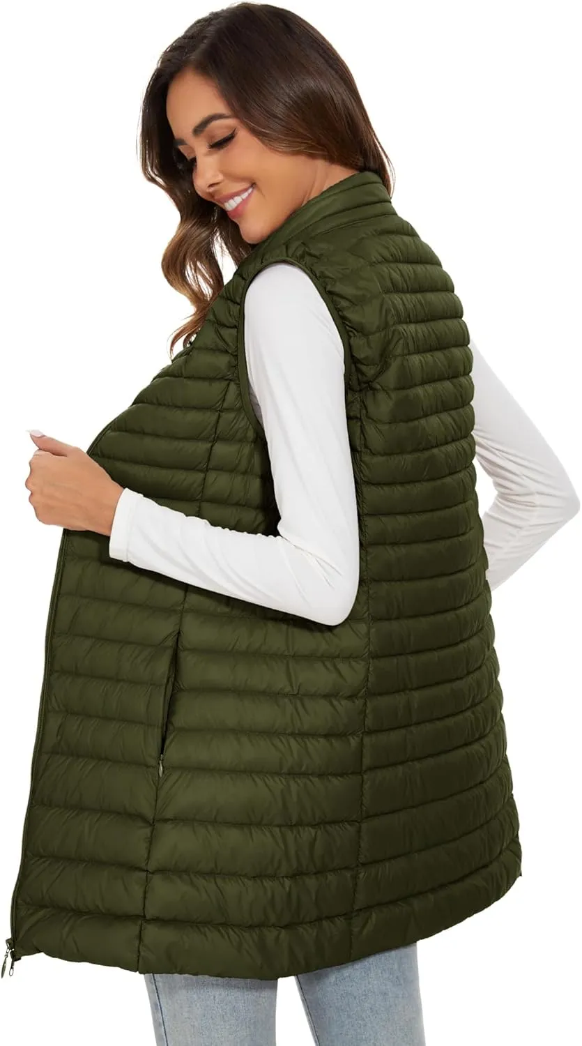 Long Puffer Vest for Women Winter Lightweight Down Vest Black Womens Vests Outerwear Sleeveless Jacket with Pockets