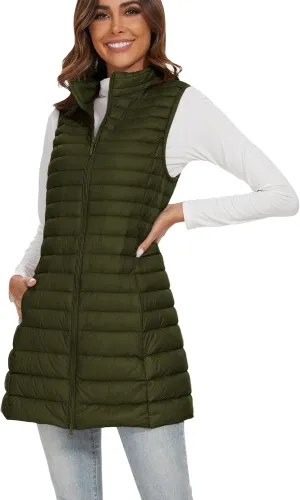 Long Puffer Vest for Women Winter Lightweight Down Vest Black Womens Vests Outerwear Sleeveless Jacket with Pockets