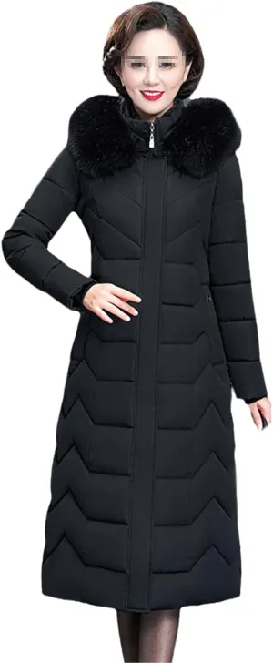 Long Women's Winter Jackets Hooded Female Parkas With Fur Collar Office Ladies Slim Cotton Padded Thick Coat