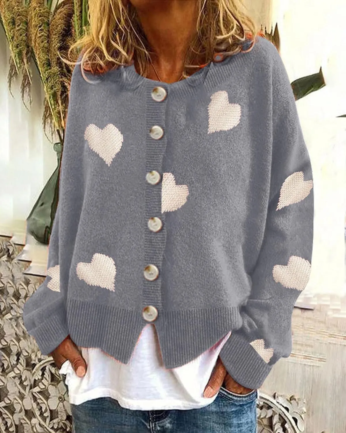 loveimgs Women Chunky Knit Cardigan Sweater Button Up Heart Sweater Jacket Patterned Color Block Knitted Crop Cardigan