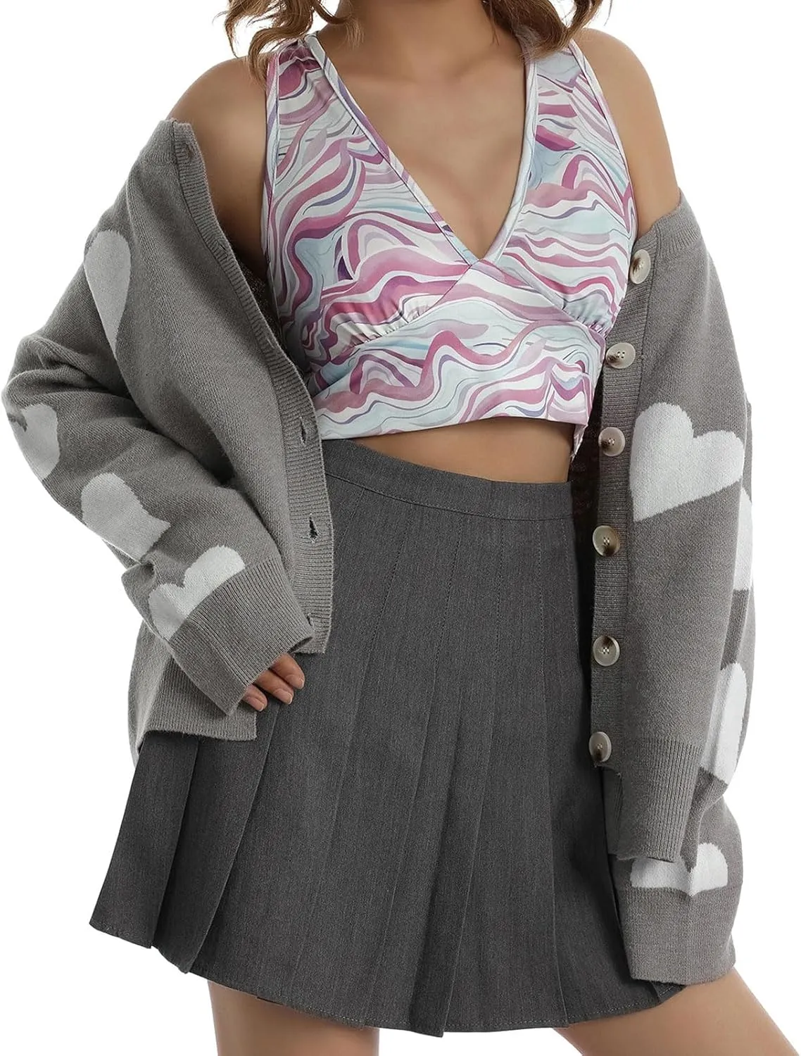 loveimgs Women Chunky Knit Cardigan Sweater Button Up Heart Sweater Jacket Patterned Color Block Knitted Crop Cardigan