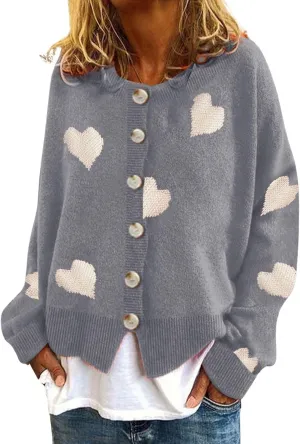 loveimgs Women Chunky Knit Cardigan Sweater Button Up Heart Sweater Jacket Patterned Color Block Knitted Crop Cardigan