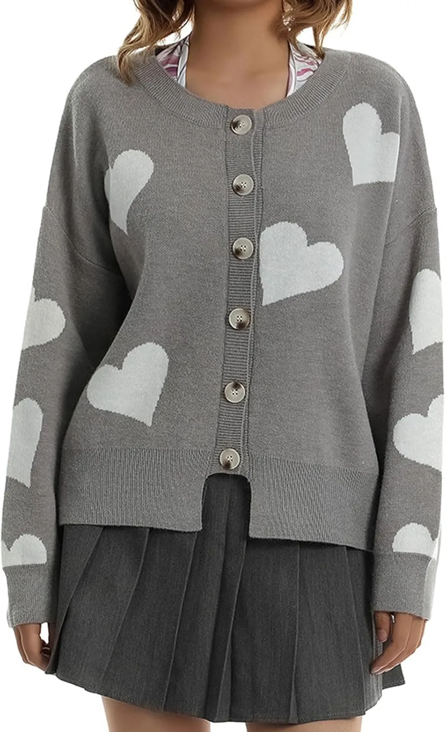 loveimgs Women Chunky Knit Cardigan Sweater Button Up Heart Sweater Jacket Patterned Color Block Knitted Crop Cardigan