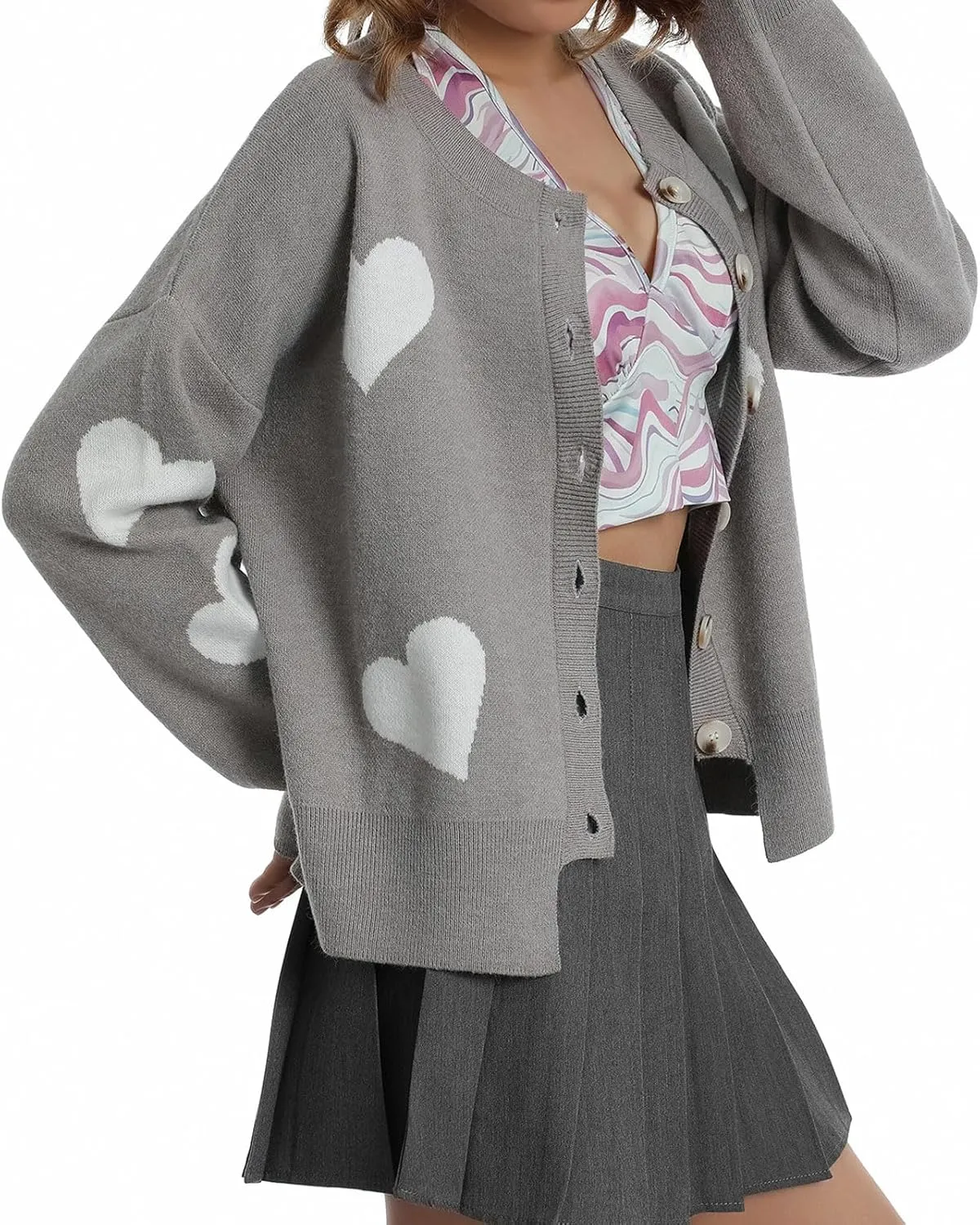 loveimgs Women Chunky Knit Cardigan Sweater Button Up Heart Sweater Jacket Patterned Color Block Knitted Crop Cardigan