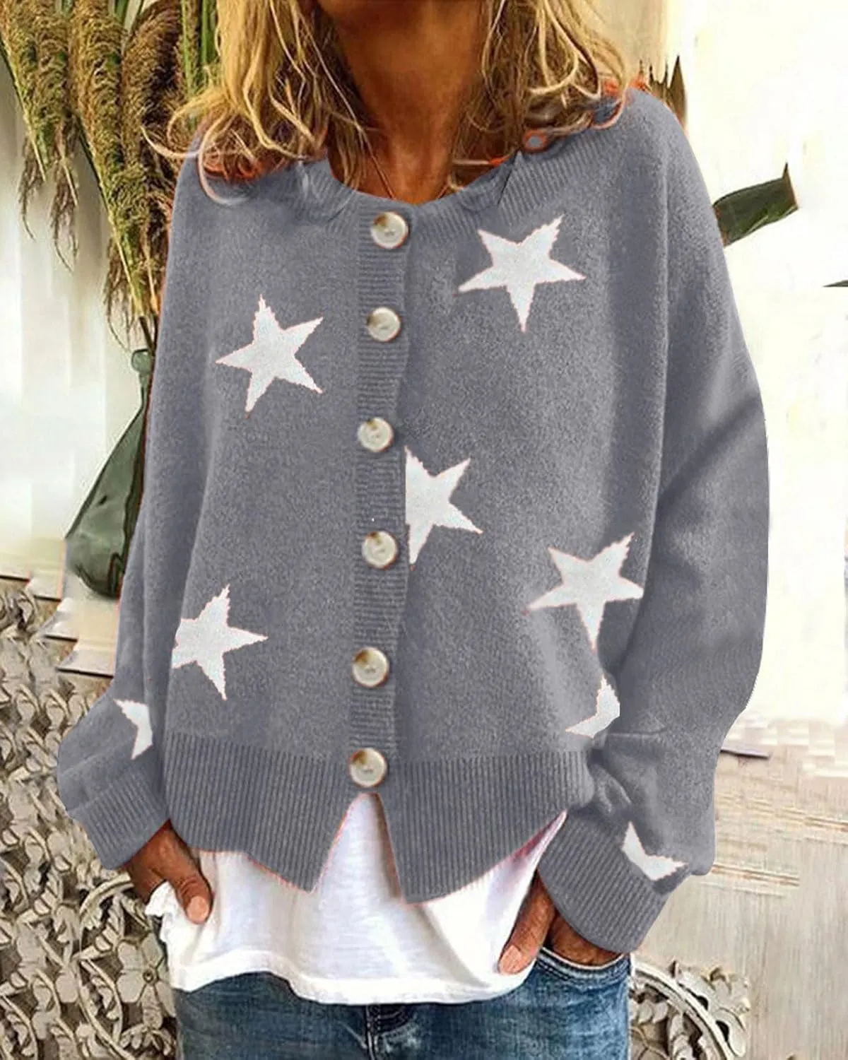loveimgs Women Color Block Button Down Star Sweater Chunky Knit Sweater Cardigan Fall Jacket Knitted Crop Cardigan