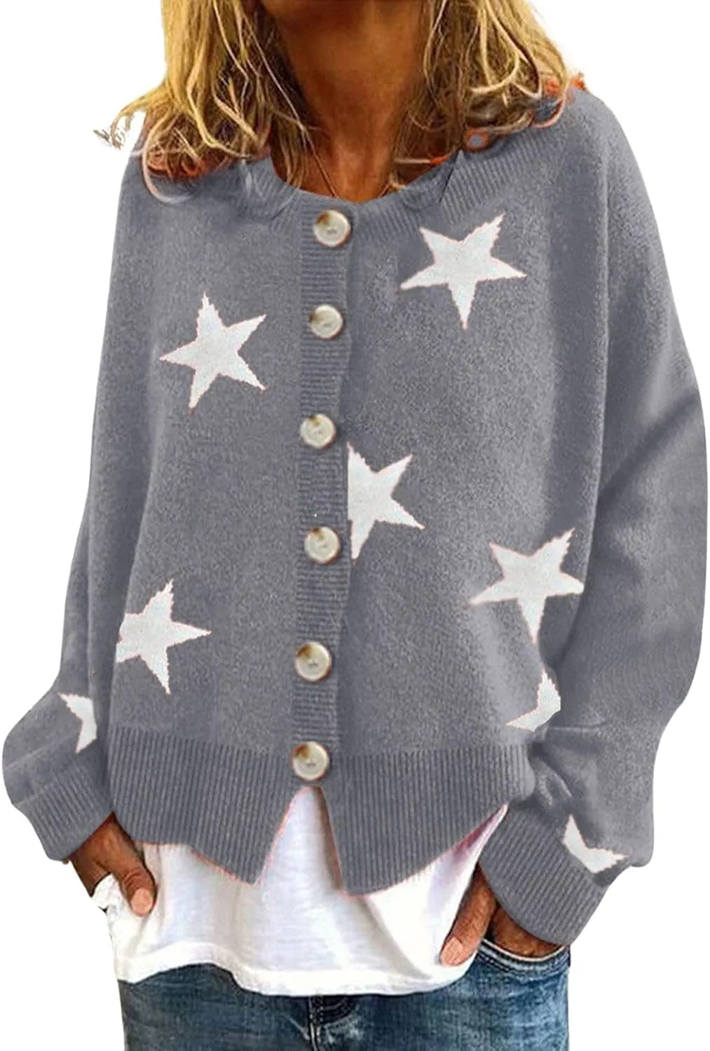 loveimgs Women Color Block Button Down Star Sweater Chunky Knit Sweater Cardigan Fall Jacket Knitted Crop Cardigan