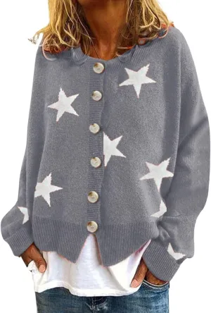 loveimgs Women Color Block Button Down Star Sweater Chunky Knit Sweater Cardigan Fall Jacket Knitted Crop Cardigan
