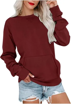 LRMQS Womens Crewneck Long Sleeve Sweatshirt with Kangaroo Pocket Solid Color Pullover Sweatshirts Fall 2023 Fashion Shirt