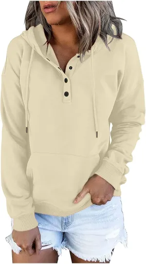 LRMQS Womens Hoodies with Kangaroo Pocket Solid Color Loose Half Button Pullover Hoodie 2023 Fall Sweatshirts Clothing