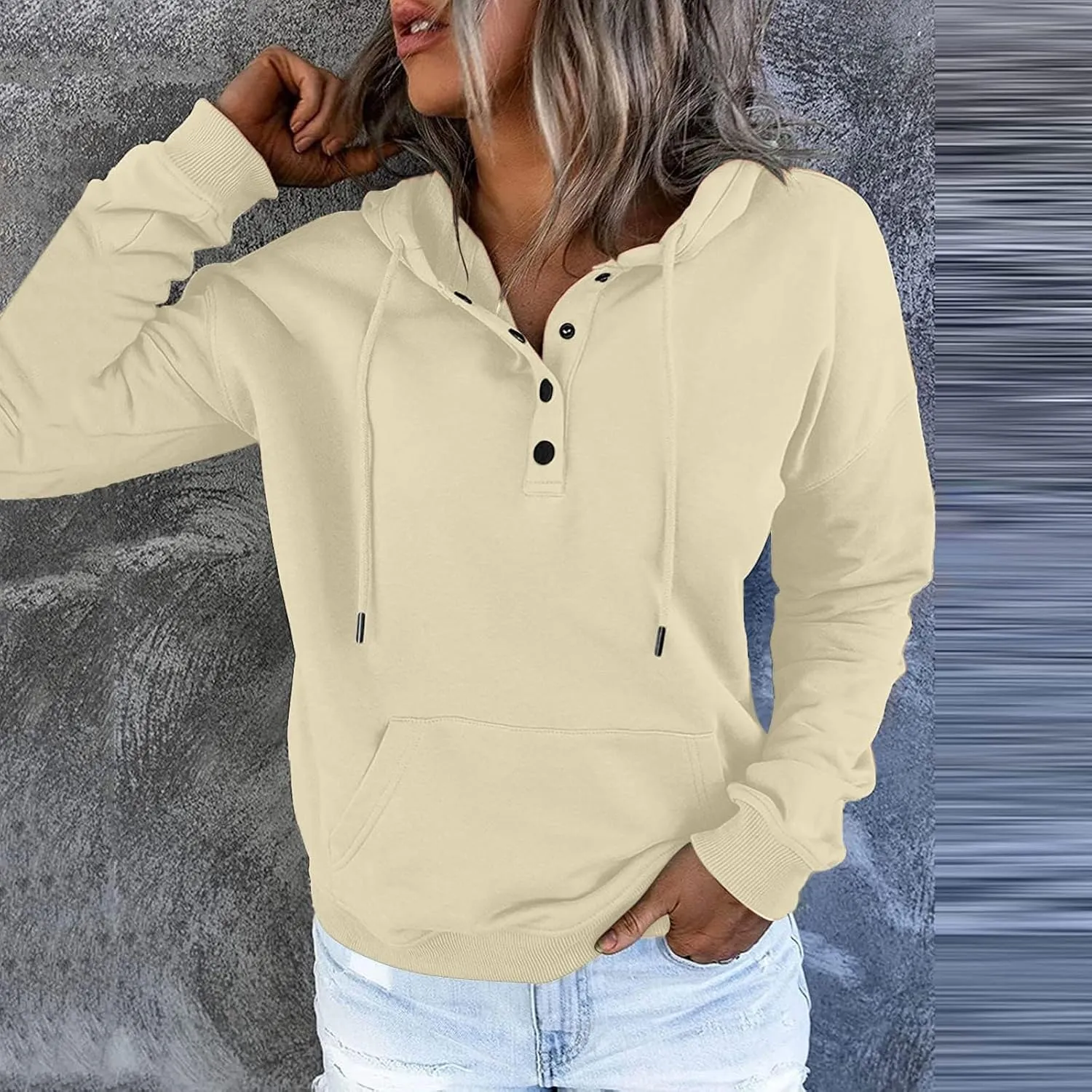 LRMQS Womens Hoodies with Kangaroo Pocket Solid Color Loose Half Button Pullover Hoodie 2023 Fall Sweatshirts Clothing