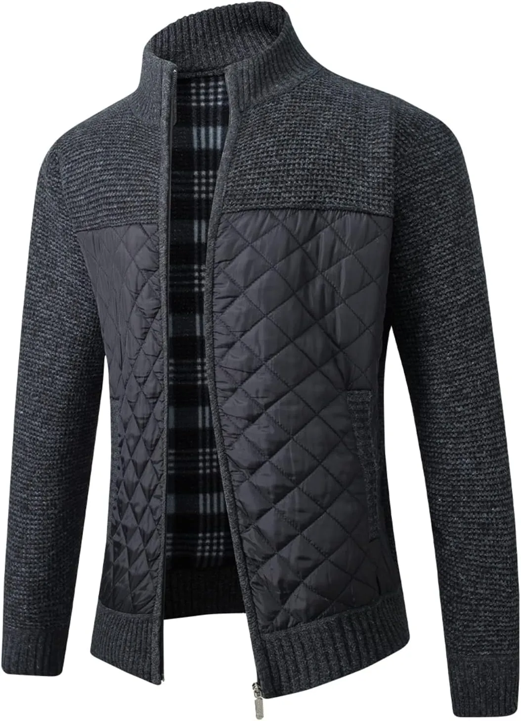 Lu's Chic Men's Long Sleeve Cardigan Sweater Thermal Slim Fit Full Zip Quilted Jacket Business Casual Knit Coats Pocket