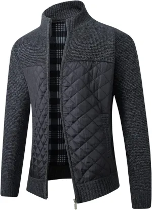 Lu's Chic Men's Long Sleeve Cardigan Sweater Thermal Slim Fit Full Zip Quilted Jacket Business Casual Knit Coats Pocket