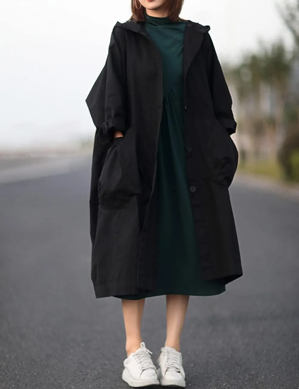 LUZU JUNU Women Fashion Loose Trench Jacket Hooded Coat Casual Long Sleeve Button Down Baggy Plus Size Outerwear
