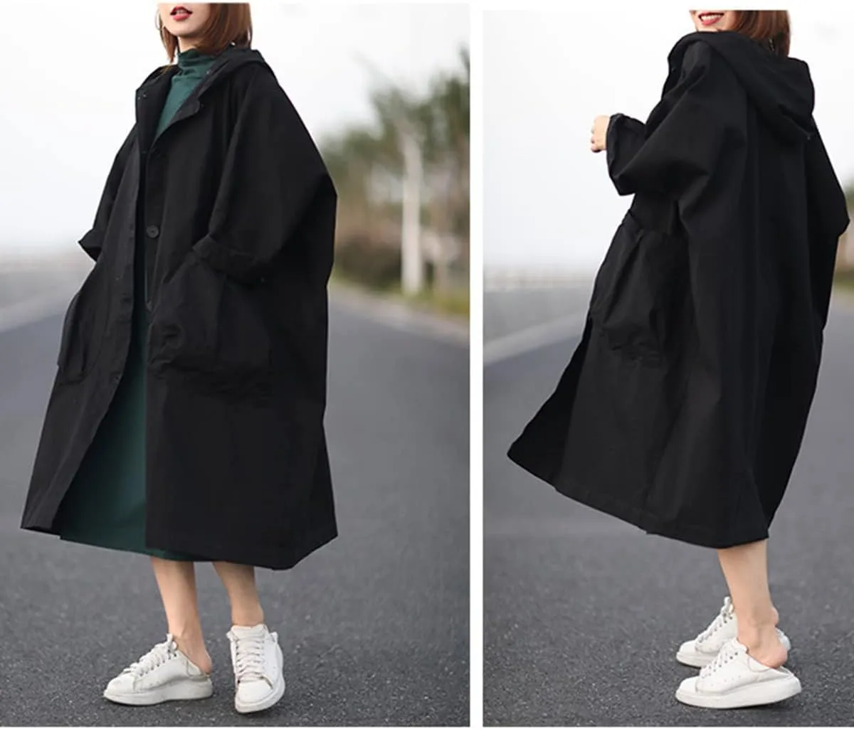 LUZU JUNU Women Fashion Loose Trench Jacket Hooded Coat Casual Long Sleeve Button Down Baggy Plus Size Outerwear