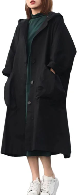 LUZU JUNU Women Fashion Loose Trench Jacket Hooded Coat Casual Long Sleeve Button Down Baggy Plus Size Outerwear