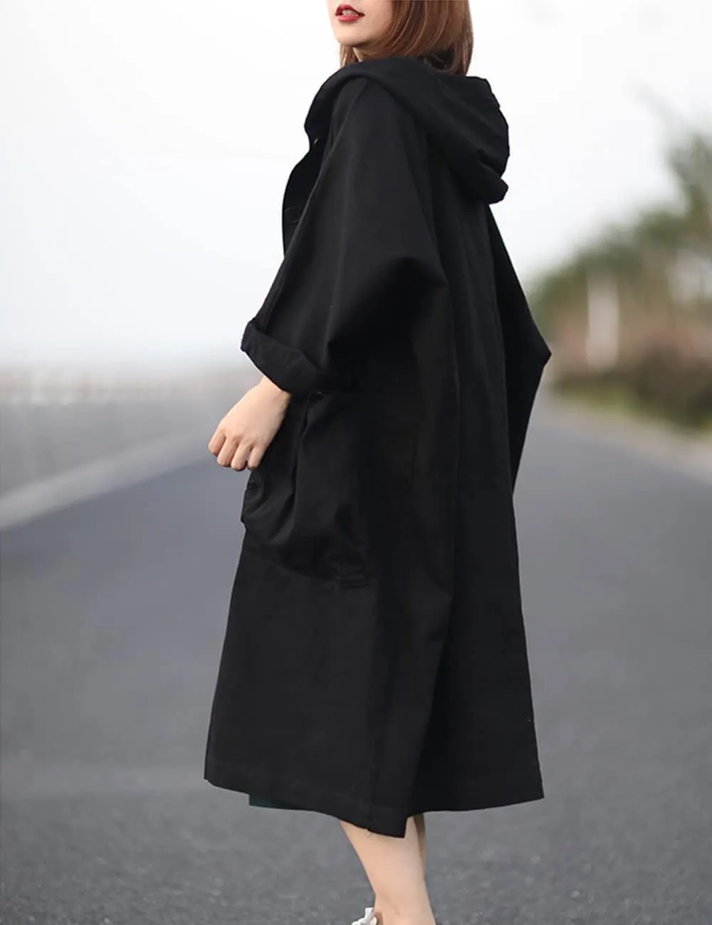 LUZU JUNU Women Fashion Loose Trench Jacket Hooded Coat Casual Long Sleeve Button Down Baggy Plus Size Outerwear