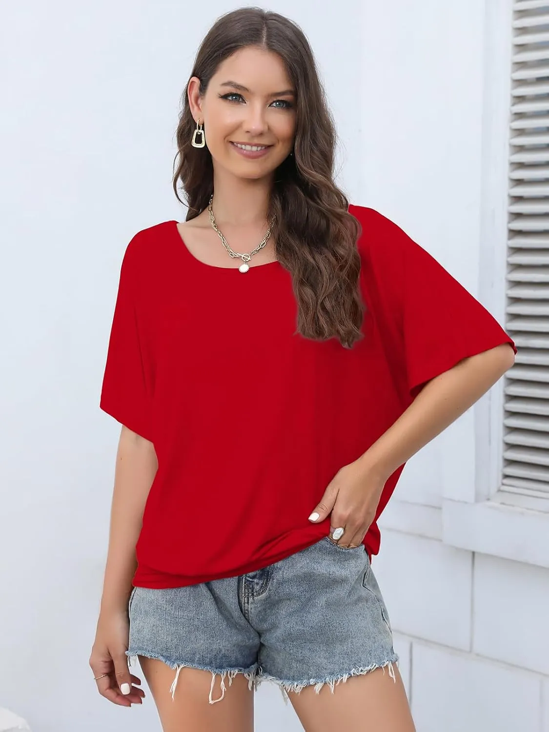 Lyrur Women's Short Sleeve Boat Neck Knit Loose Fit Tops 2025 Summer Basic Casual T Shirt Blouse with Banded Bottom