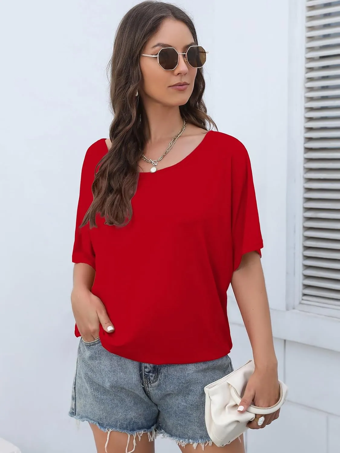 Lyrur Women's Short Sleeve Boat Neck Knit Loose Fit Tops 2025 Summer Basic Casual T Shirt Blouse with Banded Bottom