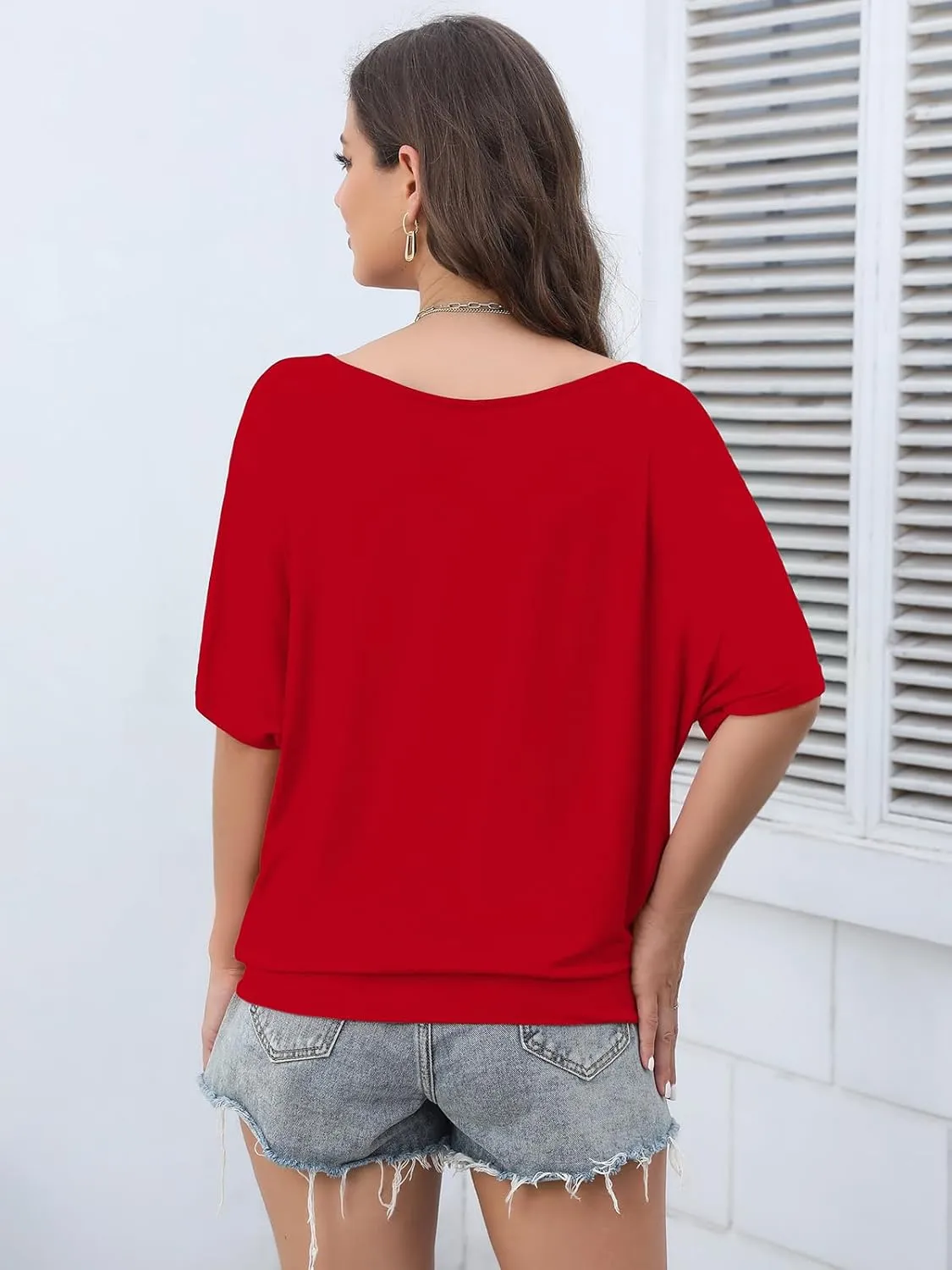 Lyrur Women's Short Sleeve Boat Neck Knit Loose Fit Tops 2025 Summer Basic Casual T Shirt Blouse with Banded Bottom