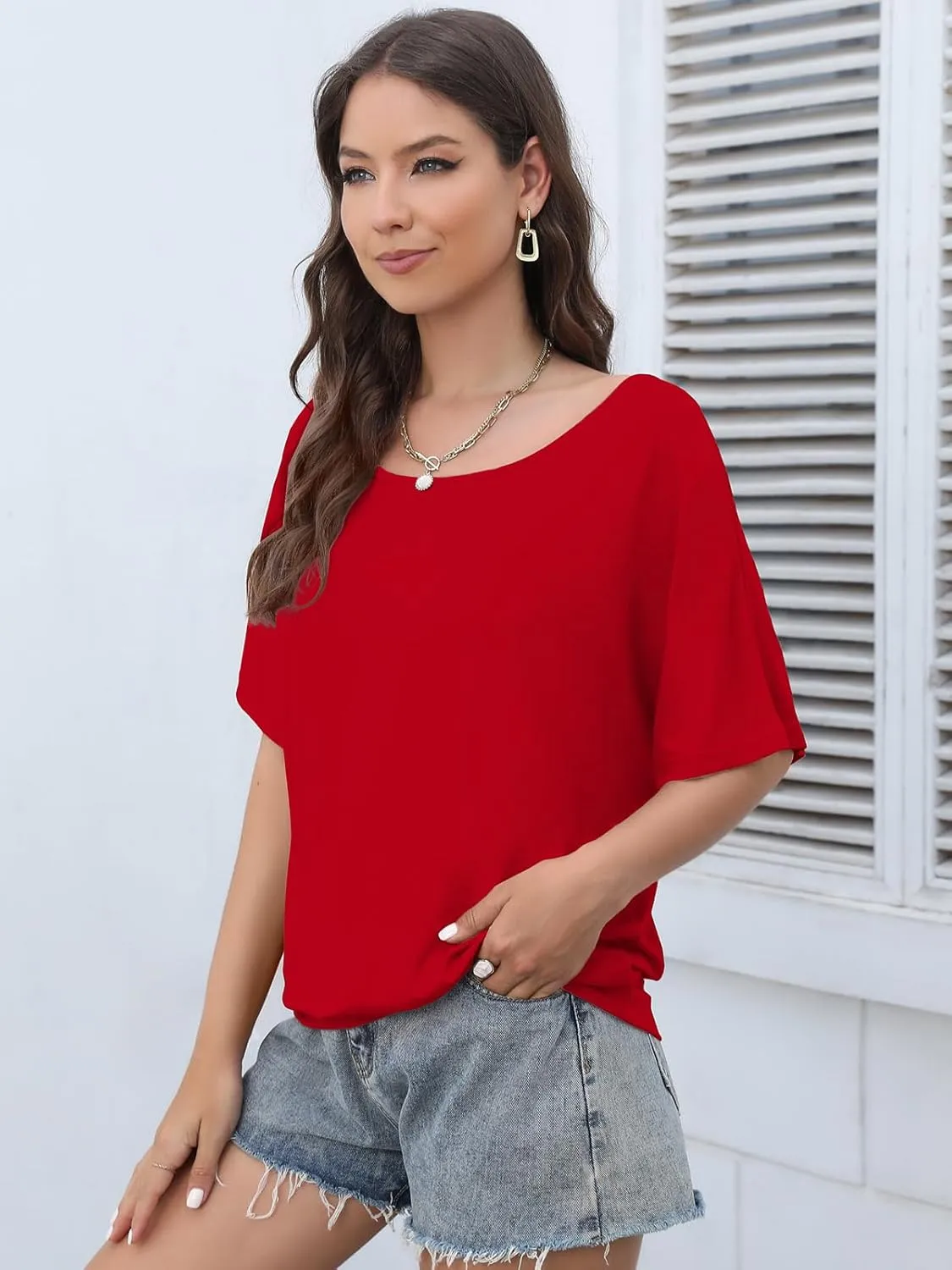 Lyrur Women's Short Sleeve Boat Neck Knit Loose Fit Tops 2025 Summer Basic Casual T Shirt Blouse with Banded Bottom